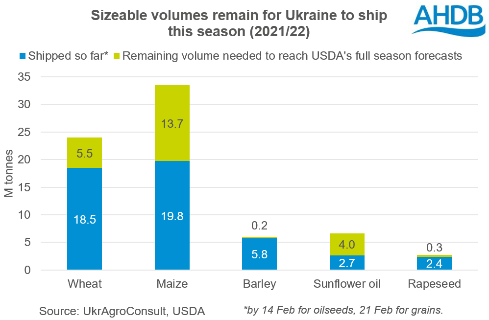 Chart showing Ukrainian grain and oilseed exports by mid-Feb 2022 against USDA forecasts